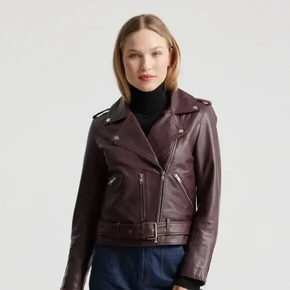 Quince 100% Leather Motorcycle Jacket, Burgundy, size Large - Picture 1 of 5